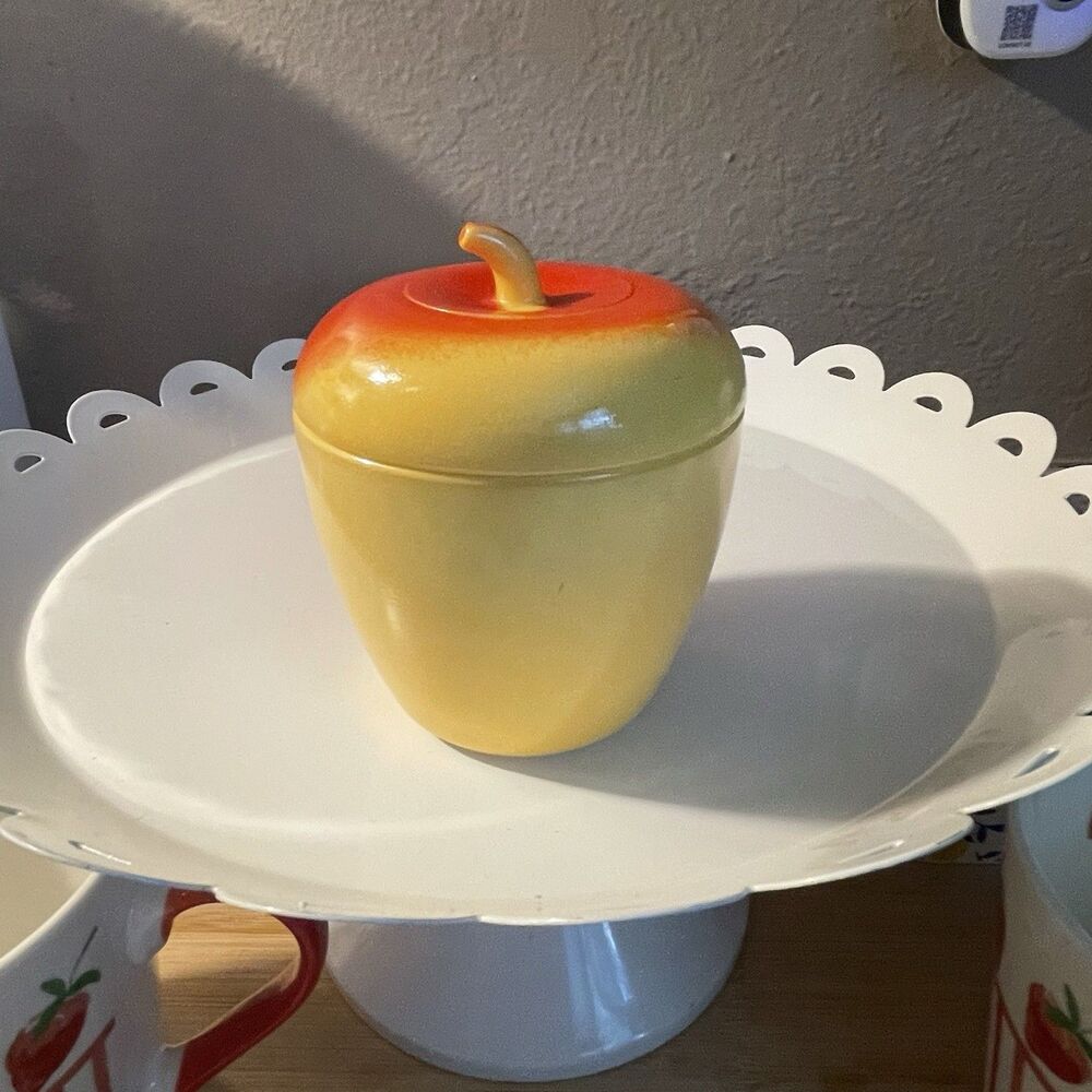 Vintage Hazel Atlas Milk Glass Apple Jam Jelly Jar Yellow Red Kitchen Decor